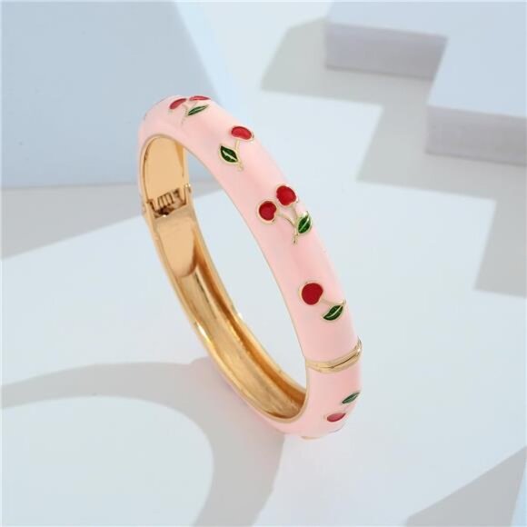 Colorful Enamel Bangle for Women Cute Cherry Bangle Bracelet Spring Hinged Open - Picture 4 of 8